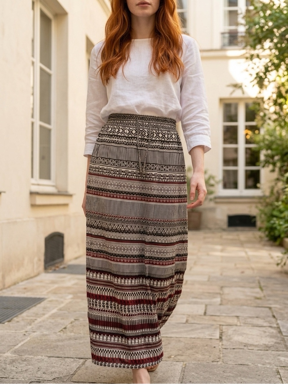 George Tribal Print Maxi Skirt in Black, White & Burgundy with double slit